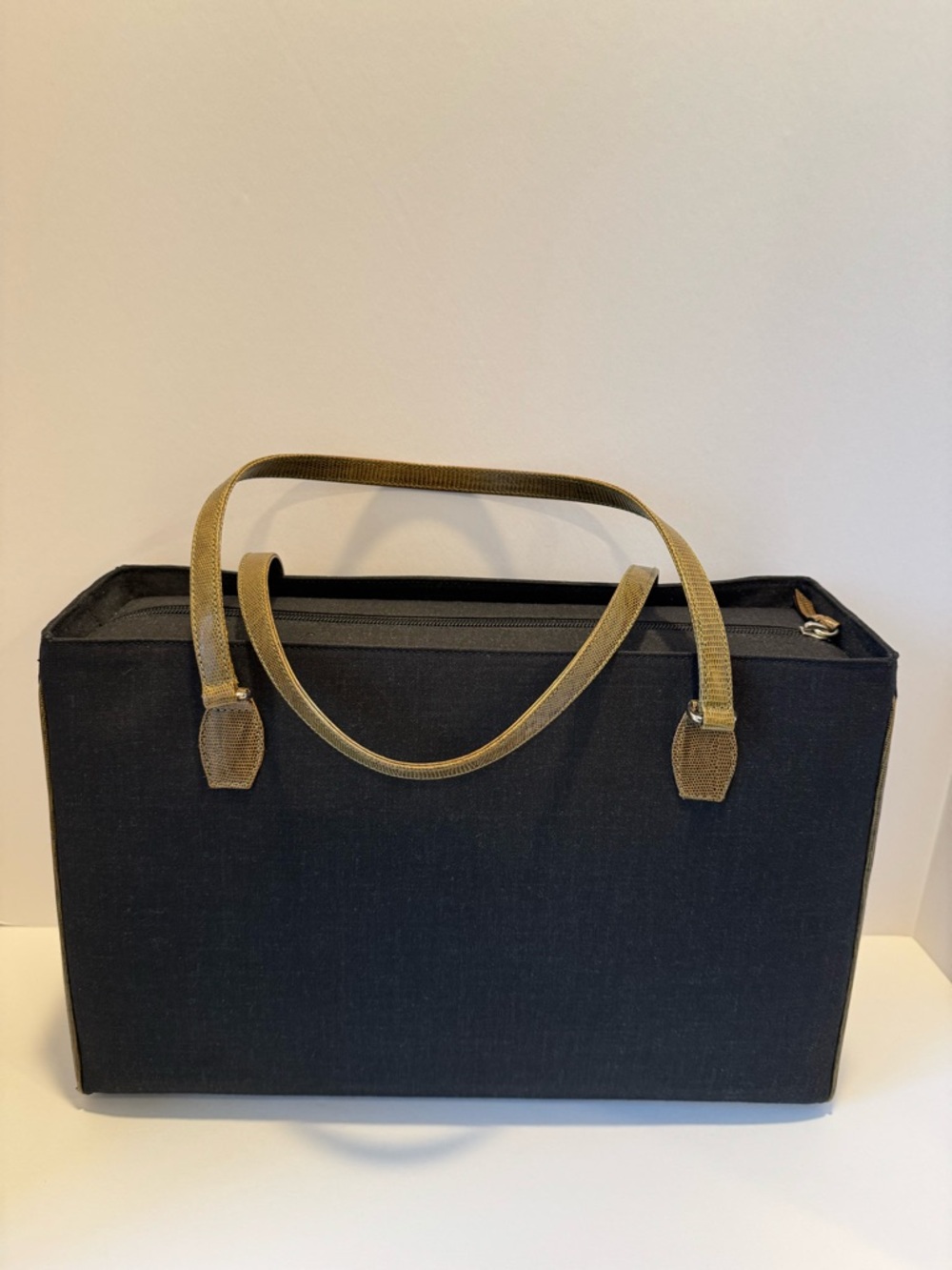 Vintage Kate Spade Black Linen Tote with Olive Lizard-Embossed Handles - Picture 3 of 7